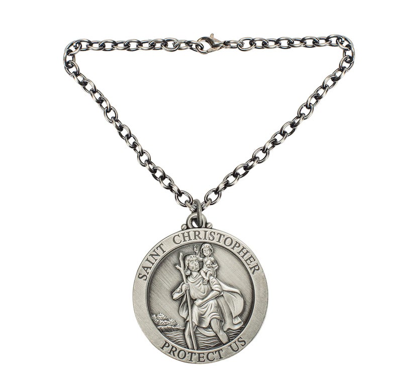 Dicksons Saint Christopher Protect Us Silver Tone 7 Inch Zinc Alloy Metal Auto Mirror Dangle Car Charm - Image 2